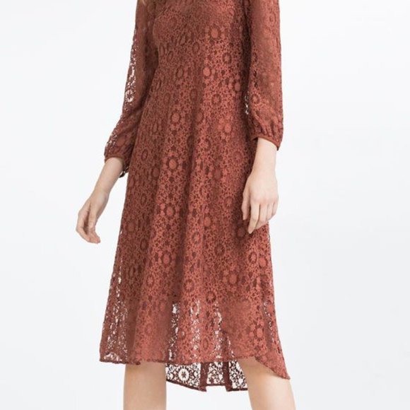 NWT $70 ZARA Women XS Terracotta Lace Overlay Cami Midi Dress Bohemian Elegant - Picture 3 of 13